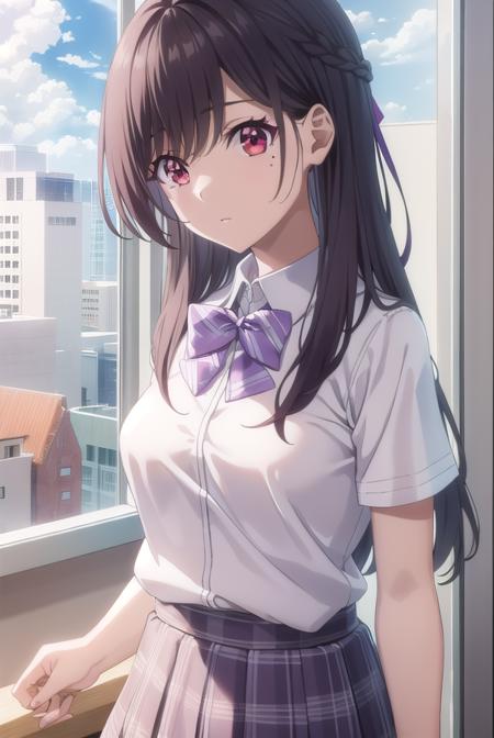 mariakurose, <lora:maria kurose s1-lora-nochekaiser:0.8>,
maria kurose, long hair, black hair, (red eyes:1.3), mole, mole under eye,
BREAK skirt, shirt, bow, school uniform, white shirt, short sleeves, pleated skirt, bowtie, plaid, plaid skirt, purple bow,
BREAK indoors, classroom,
BREAK looking at viewer, (cowboy shot:1.5),
BREAK <lyco:GoodHands-beta2:1>, (masterpiece:1.2), best quality, high resolution, unity 8k wallpaper, (illustration:0.8), (beautiful detailed eyes:1.6), extremely detailed face, perfect lighting, extremely detailed CG, (perfect hands, perfect anatomy),