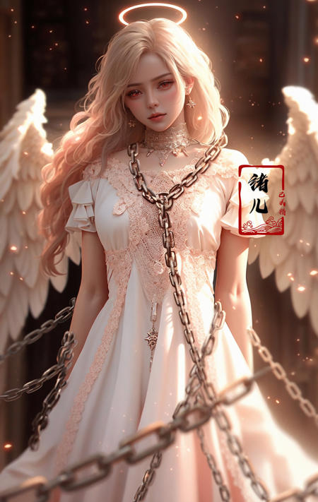 Epic CG masterpiece, a woman dressed in an angelic outfit in chains, delicate face, hdr,dtm, full ha,8K, ultra detailed graphic tension, dynamic poses, stunning colors, 3D rendering, surrealism, cinematic lighting effects, realism, 00 renderer, super realistic, full - body photos, super vista, super wide Angle, rich details, highest quality, extremely exquisite,
Black background1girl, chain, wings, solo, dress, blindfold, white dress, jewelry, veil, choker, ring, own hands together, angel wings, feathered wings, covered eyes, halo(Red eyes:1.4)
 <lora:~Q?-Y)O Angel:0.8>