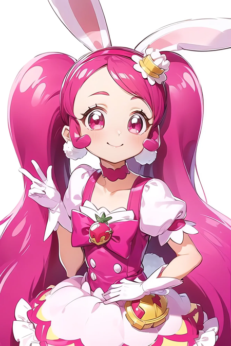 white gloves, pink hair, magical girl, animal ears, rabbit ears, long hair, food-themed hair ornament, hair ornament, twintails, jewelry, pink eyes, extra ears, earrings, pink bow, pom pom (clothes), pink choker, hairband