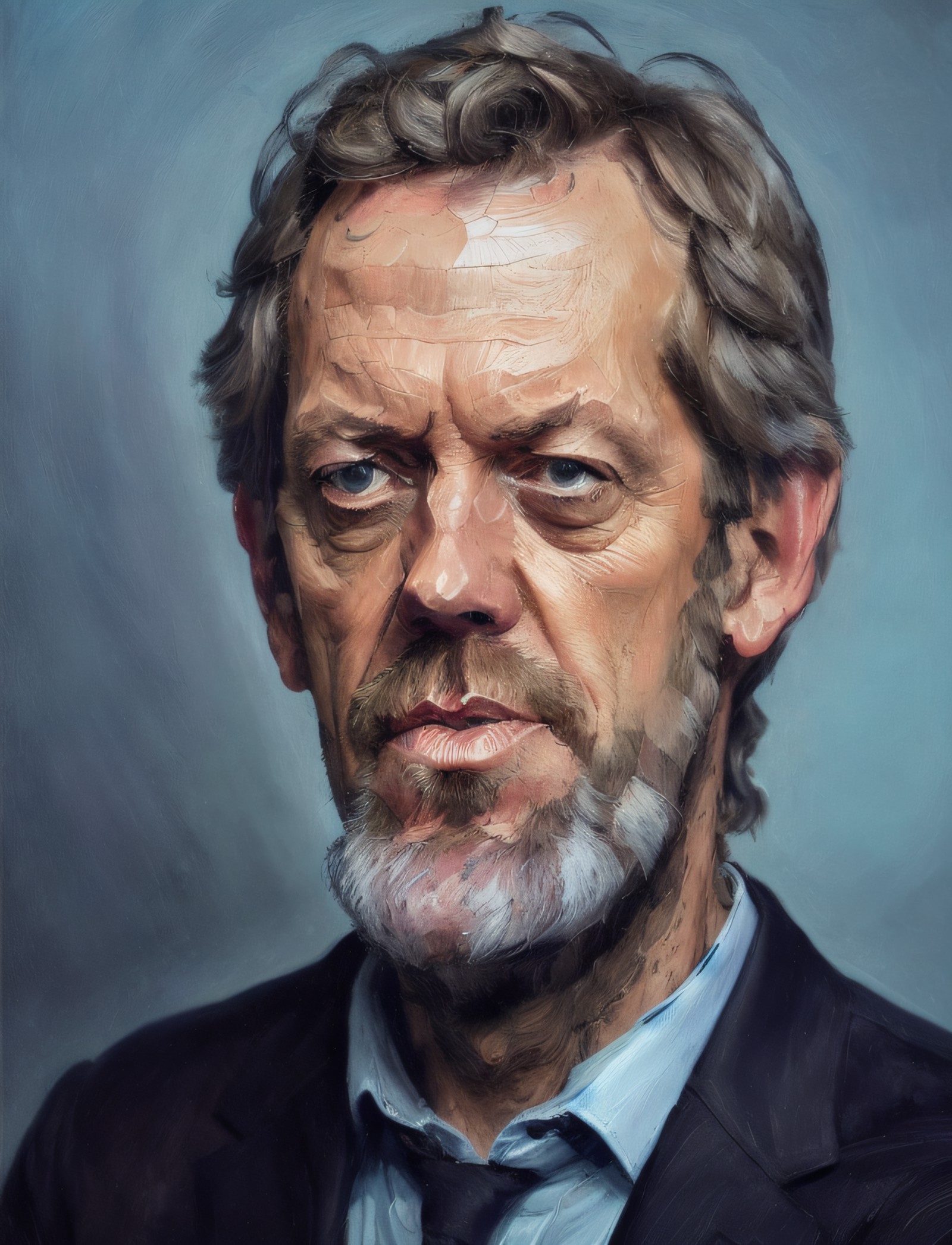 (a painting by mse) close up portrait of a award winning photo of hugh laurie posing in a dark studio, (rim lighting,:1.4)...