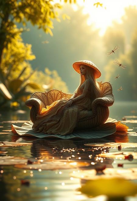 A melancholic, fairy-like mushroom creature with long, flowing hair and a beautifully intricate gown sits on a large, delicate lily pad. She rests on a sofa made of intricately woven leaves, gazing wistfully into the distance. Time seems to slow around her, as the golden sunlight filters through the trees and reflects off the sparkling lake water. Dragonflies and small insects lazily circle around her, creating a serene yet melancholic atmosphere. The scene is bathed in warm, gentle light, as the tranquil lake shimmers under the soft afternoon sun, emphasizing her pensive mood.
