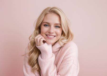 raw photo, 8k, Young beautiful blonde woman wearing casual winter clothing over pink background Hugging one self happy and positive, smiling confident. Self love and self care,,