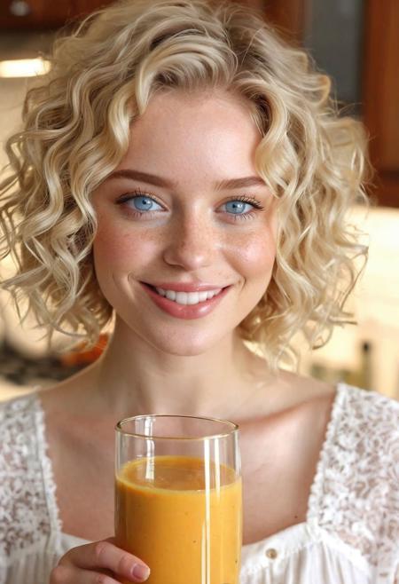 chugg, chugging glass, lips touching glass, glass in front of mouth, (open mouth:1.2), ((DRINKING:2.0)), SMOOTHIE:1.5, drinking smoothie, mango smoothie, orange smoothie, healthy smoothie, smoothie in glass, perfect fruits, perfect glass, perfect fingers, full body photo, standing in kitchen, kitchen advertisement, full body, happy, smiling, laughing, beautiful girl, short light blonde wavy hair, above shoulder length blond curly hair, bob cut, blue eyes, blue eyes:1.1, perfect eyes, extremely detailed eyes, extremely detailed face, textured skin, photorealistic, hyperdetailed:1.2, insane details, natural look, cute face, stunningly beautiful, pale skin, freckles, blush, detailed skin, extremely detailed, 1girl, shoulders, arms, breasts, hips, hands, perfect hands, perfect feet, perfect eyes, perfect nails, upper legs, legs, wearing brown apron, white top, happy, open mouth, perfect teeth, in the kitchen, marble kitchen block, modern kitchen, 4K, RAW, best quality, masterpiece, ultra-detailed, hyperrealism:1.2, RAW photo, best quality, realistic, photo-realistic:1.3, best quality, masterpiece, extremely delicate and beautiful, extremely detailed natural lighting, bokeh:1.2, Porta 160 color, shot on ARRI ALEXA 65, Fujifilm XT-3, WARMER LIGHTING, sunny kitchen, warm sunlight, sun rays, inviting atmosphere