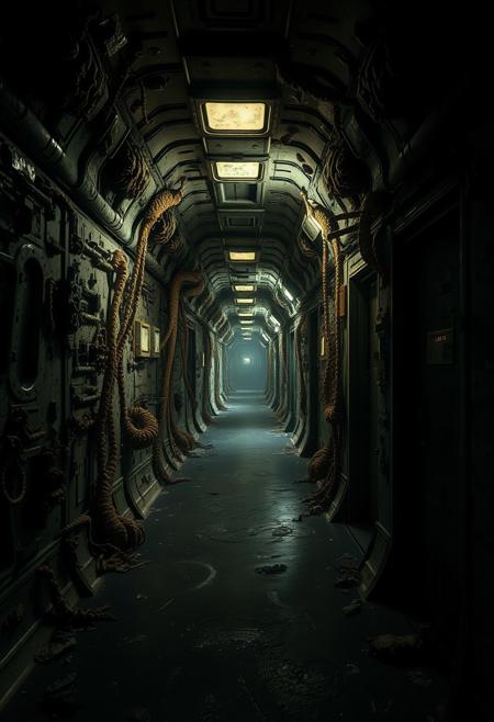 A terrifying corridor within a decaying spaceship, illuminated by a few flickering, weak lights. The walls are covered in strange, pulsating organic matter, and the air is filled with an eerie, low hum. The floor is slick with an unknown, dark substance, and the corridor seems to stretch endlessly into the darkness. There's an overwhelming sense of dread, as if the ship itself is alive and malevolent.