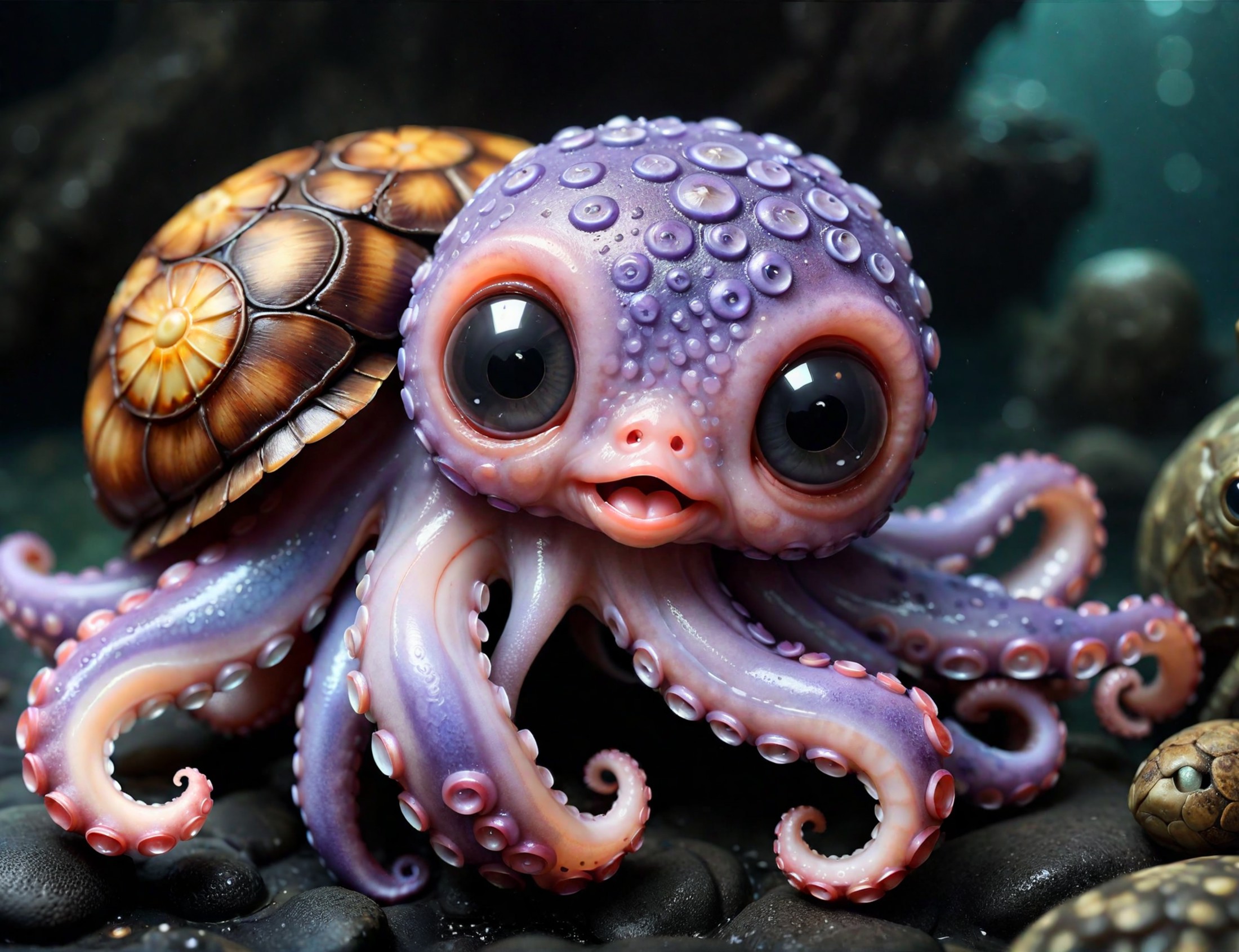 photo, solo, single, angry adorable octopus with a turtle shell, dark murky waters, up close, extremely detailed, textured...