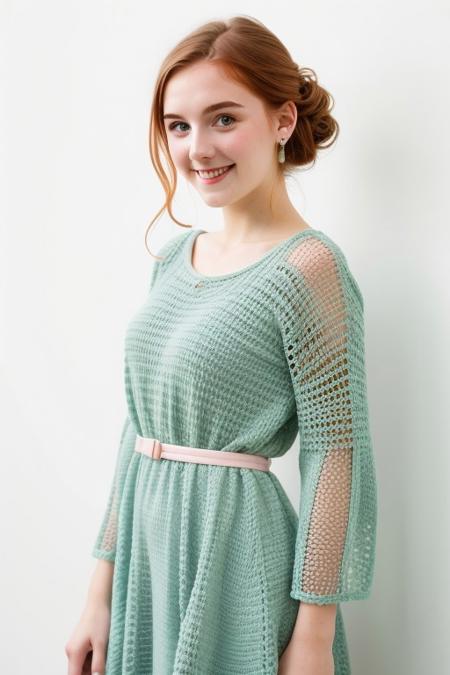 HD, perfect quality, 16k, very detailed,  a beautiful 21yo college girl with ginger hair in an updo, pale skin, wearing a loose crocheted dress, pink fleckes, green eyes, slim, detailed skin, hair behind ear, smiling proudly, standing in front of white background