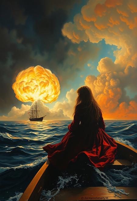 (((Oil painting masterpiece in Ayvazovsky style))) 
oil painting masterpiece, ((girl)) , ocean, boat, darkness, fireball in the sky, super wind blows, (a huge all-consuming atomic explosion in the background from the horizon and extending beyond the edge of the picture into space:0.9)