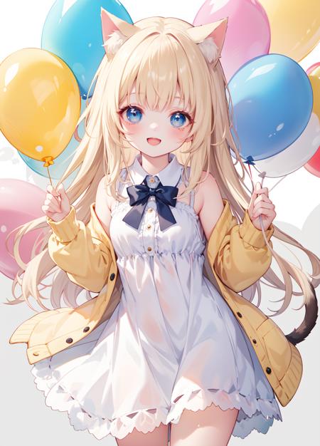 masterpiece,best quality,small breasts,(kid, child:1),solo,blue eyes,blonde hair,cat ears,cat tail,long hair,
smile,Open mouth,
short dress,white shirt,bow,Yellow cardigan,
standing,
heart balloon,white background, balloon,
Medium Full Shot,
<lora:Blurry eyes:0.9>