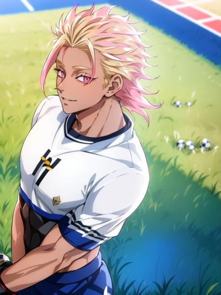 (masterpiece:1.4),(best quality:1.4),(shiny skin),realistic,    <lora:shido:1>, 1boy,Shido, SOLO,  a man wearing white ZBK_uniform , standing, soccer stadium background, blonde hair with pink highlights, brown skin, pink eyes, full body shot, looking at viewer, soccer ball, green grass, people in the background, <lora:dishwasher1910Style_v11:0.4> , detailed eyes, detailed face,