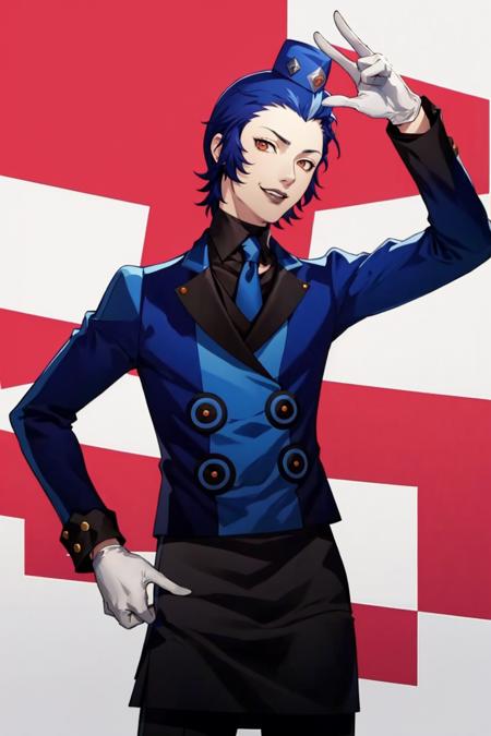 masterpiece, best quality, solo, 1boy, smile, looking at viewer, <lora:Velvet-Room-M-Outfit_Fp:1>, velvetmoutfit, white gloves, hat,    <lora:Eikichi_Fp:1>, eikichip2