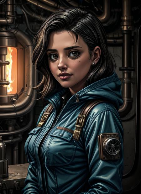 woman, portrait, Steampunk Spaceship Mechanic, spaceship engine room interior, real life, masterpiece, extremely detailed, coveralls