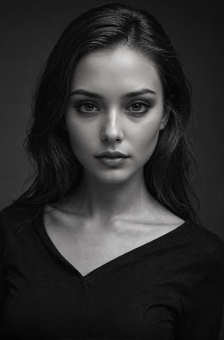 1girl, beautiful, smooth skin, greyscale, noir, black clothes, portrait