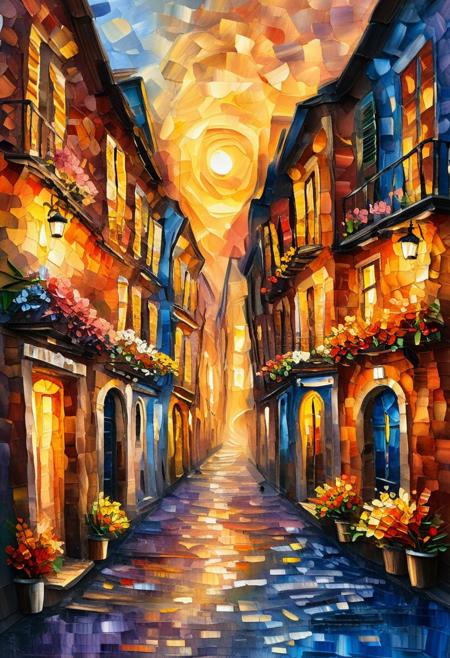 Mix of Paper Quilling, Layered Paper and Oil Painting in the style of Leonid Afremov, a highly detailed illustration of a quaint cobblestone street in a historic European town, with flowers blooming on balconies, captured in golden hour lighting.