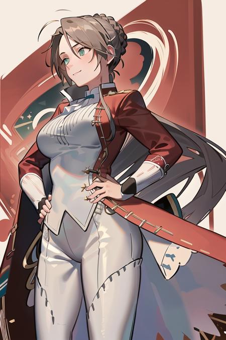 mlemk1gfl, (masterpiece:1.3), best quality, high quality, absurdres, (cowboy shot:1.2), 1girl, solo, delicate face, detailed face, red coat, knee boots, white pantyhose, (high heels), braid, standing, (clenched hands:1.2), (hands on hips), smile, simple background, (white background), <lora:mlemk1gfl_v2e1:1>