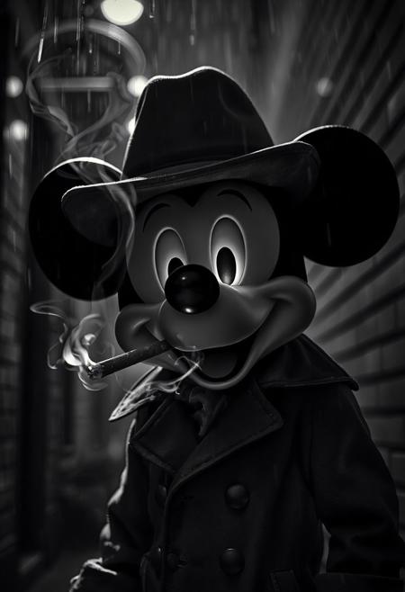 Close-up portrait of Mickey Mouse reimagined in noir style, wearing a vintage trench coat and fedora hat, standing under rain in a dimly lit alley. A lit cigar in his mouth releases swirling smoke around his face. His glowing eyes shine from under the hat's brim. Strong shadows create a moody, dramatic contrast. Black and white, cinematic lighting, f/2.8, ultra-realistic textures, gritty and mysterious atmosphere, film still look.
