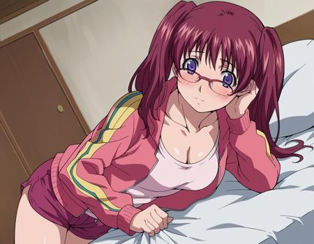 ringo noyamano, long hair, red hair, twintails, purple eyes, glasses, twintails, skirt, gloves, school uniform, serafuku, fingerless gloves, cardigan, bike shorts, blue sailor collar, yellow neckerchief, long sleeves, blue skirt, pleated skirt, cleavage, jacket, shorts, pink shorts, track jacket, open clothes, shirt, collarbone,