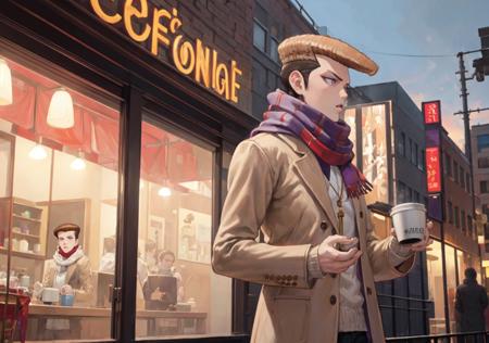 masterpiece, best quality, owada mondo, 1boy, pompadour, brown hair, purple eyes, (beige jacket:1.2), open jacket, red sweater, scarf, muscular, <lora:Mondocolab-11:0.7>, drinking a coffee, winter, night, city, from side,