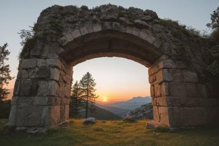 raw photo, a sunset landscape, greek mountains, forested ravine cliffs, cozy, photorealistic, abandoned Towering Stone gateway entry into dark the side of rocky mountain cliff face, (dwarven: 1.39), high fantasy style, high detailed texture, 8k uhd, dslr, soft lighting, high quality, film grain, Fujifilm XT3, Sony A7 IV, highly detailed photography, (muted colors, cinematic, dim colors, soothing tones:1.2), vibrant, insanely detailed, hyperdetailed, (dark shot:1.2), (vsco:0.3), (intricate details:0.9), (hdr, hyperdetailed:1.2) (highest coherency: 1.39) (highest quality: 1.39) (rule-of-thirds) (award-winning) (masterclass) (highest resolution: 1.39) (castle architecture built into cliff: 0.69) (starfort: 1.1) (protruding from hillside)