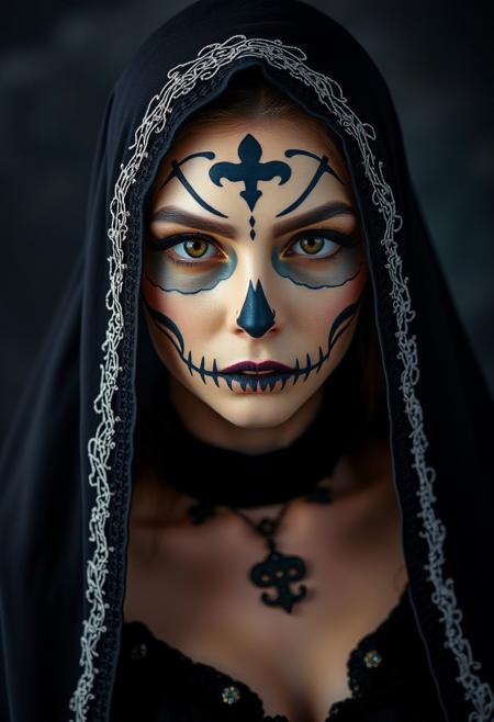 A head and shoulders portrait photo of a woman dressed as Death, very beautiful, mesmerizing, piercing eyes, staring deep into the camera, 8k