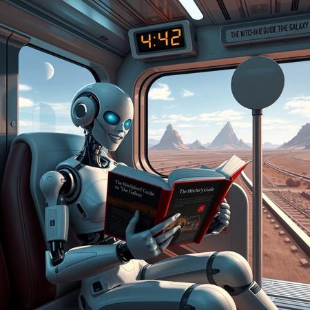 Robot humanoid woman sitting in futuristic train and reading a book "The Hitchhiker's Guide to the Galaxy", she is laughing. Train is passing by post with sign 42. There is electronic clock showing time 4:42 in train. train is passing by futuristic landscape.