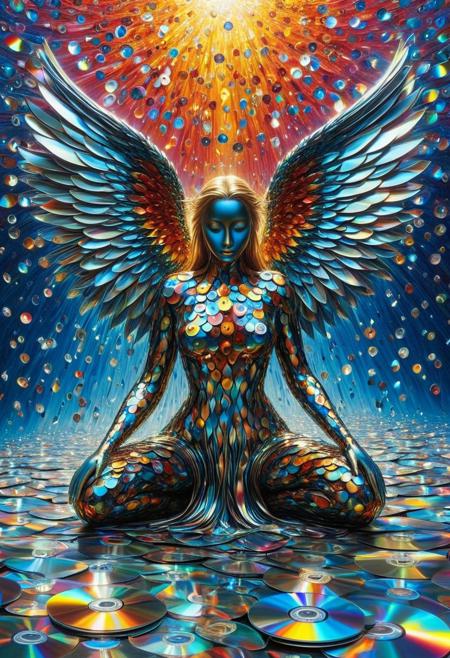 made of cd's,  The angels, have crouched too long in, surrealism, contemporary art, intricate detail, dynamic compositions, bold fantastical imagery, deep symbolism, cultural references, rich saturated colors, fluid organic forms, sense of motion, spirituality, identity, metaphysical themes, abstract and figurative elements, dreamlike otherworldly scenes