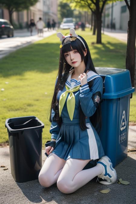 ltra-detailed,highly detailed,best quality,masterpiece,illustration,realistic,
kasumizawa miyu, 1gir l, solo, miyu \(blue archive\),cosplay,
bangs, long hair,fake animal ears, rabbit ears,
school uniform, serafuku, neckerchief, sailor collar,long sleeves, pleated skirt,
looking at viewer, in trash can,
photo background,outdoors, ruins,trash can, grass, bush,
<lora:kasumizawa miyu_v1_07:0.7>