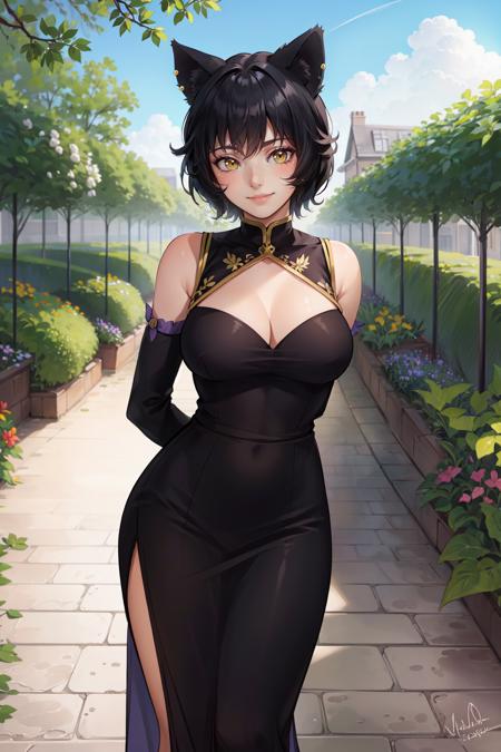 kali_belladonna, animal ears, cat ears, short hair, large breasts, earrings, piercing