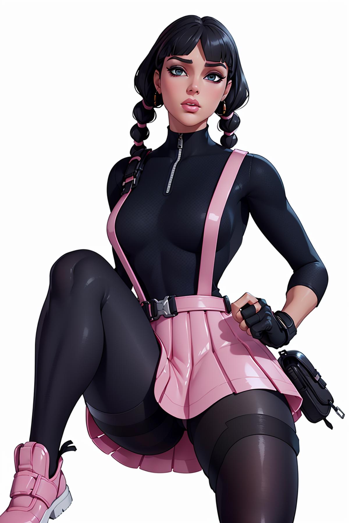 The image features a female character with black hair and pink accessories, wearing a black and pink outfit. She is posing in a unique manner, with one leg up and a gun in her hand. The overall scene appears to be a combination of anime and comic book art styles, showcasing the character's distinctive appearance and action-packed pose.