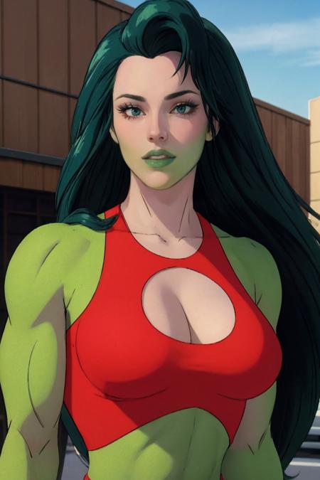 straight-on,pose,looking at viewer,solo, BREAK, CARTOON_shehulk90s_redtop_ownwaifu, www.ownwaifu.com, very long hair,  long hair,(green skin:1.2),colored skin,breasts,green hair,muscular, large breasts, makeup,lips,big hair,muscular female,abs,collarbone,lipstick,eyeshadow,navel,green eyes, abs, tall female, crop top, cleavage cutout, midriff, red leotard, leotard, cleavage, tank top,     <lora:CARTOON_shehulk90s_ownwaifu-15:0.8>,      official art,extremely detailed CG unity 8k wallpaper, perfect lighting,Colorful, Bright_Front_face_Lighting,shiny skin, (masterpiece:1.0),(best_quality:1.0), ultra high res,4K,ultra-detailed, photography, 8K, HDR, highres, (absurdres:1.2), Kodak portra 400, film grain, blurry background, (bokeh:1.2), lens flare, (vibrant_color:1.2),professional photograph, (beautiful_face:1.5),