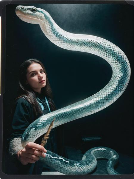 conceptual hyperaesthetic analog photo portrait, (giant ghost transparent snake raised by dark magic), claws, snake tongue, hogwarts background, magic wand, looking at viewer, dynamic pose, snake focus, film grain, colorful polaroid, 1990s VHS cover, wriggling snake, scales
<lora:epiCRealLife:1>
<lora:epiCRealismHelper:1>