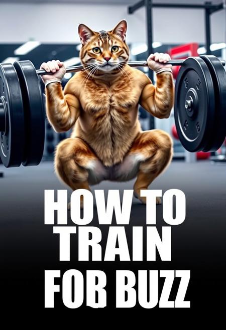 muscular cat doing squats with loaded iron bar with heavy plates. in a gym.  At the bottom of the image, bold lettering spells out 'HOW TO TRAIN FOR BUZZ'