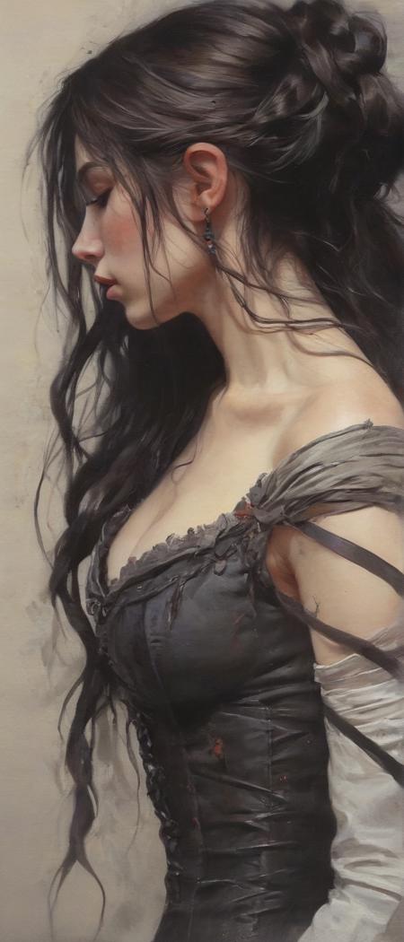 watercolor, dark, night time, underlit, detailed medieval rogue, sideboob, keyhole bodice, side view, long braid, ribbons woven into hair, eyes closed, (Conrad Roset, Brian Froud:1.5), vivid colors, dramatic composition <lora:linquivera:1>  <lora:add-detail-xl:0.8>