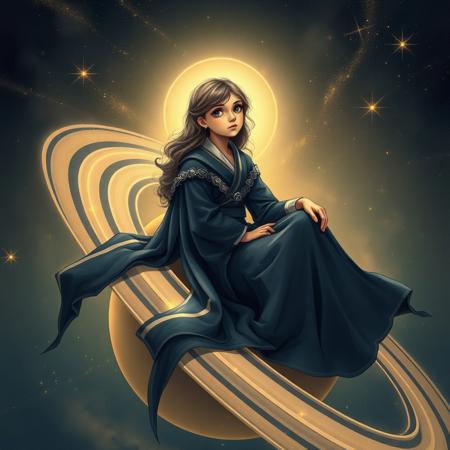 A wise and elegant girl embodying the disciplined, mysterious, and timeless energy of Saturn, sitting gracefully on the rings of Saturn, gazing at the vast cosmos. Her deep, contemplative eyes reflect wisdom and resilience, as if she holds the secrets of the universe. She wears a regal, flowing dark-blue and silver robe, symbolizing knowledge and structure. The atmosphere around her is ethereal, filled with floating cosmic dust and a subtle golden glow. The rings of Saturn shimmer under the celestial light, emphasizing her connection to destiny, time, and cosmic order. She exudes an aura of authority, patience, and profound insight, embodying the essence of Saturnian wisdom."