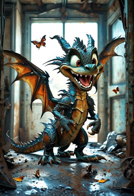 Breathtaking masterpiece photograph, movie poster style, cute goofy dragon (made of iron:1.2), whimsical, adorable, rusty, laughing at viewer, chasing butterfly, in messy room, high detailed