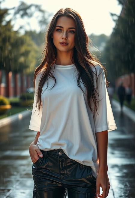 (Soft Lighting Photography by Mimoza Veliu and Mario Giacomelli:1.2), NSFW, beautiful college girl wearing hotpants and an oversized white T-shirt, Wet T-shirt, no bra, sunny and raining, campus background, sexy, nipples