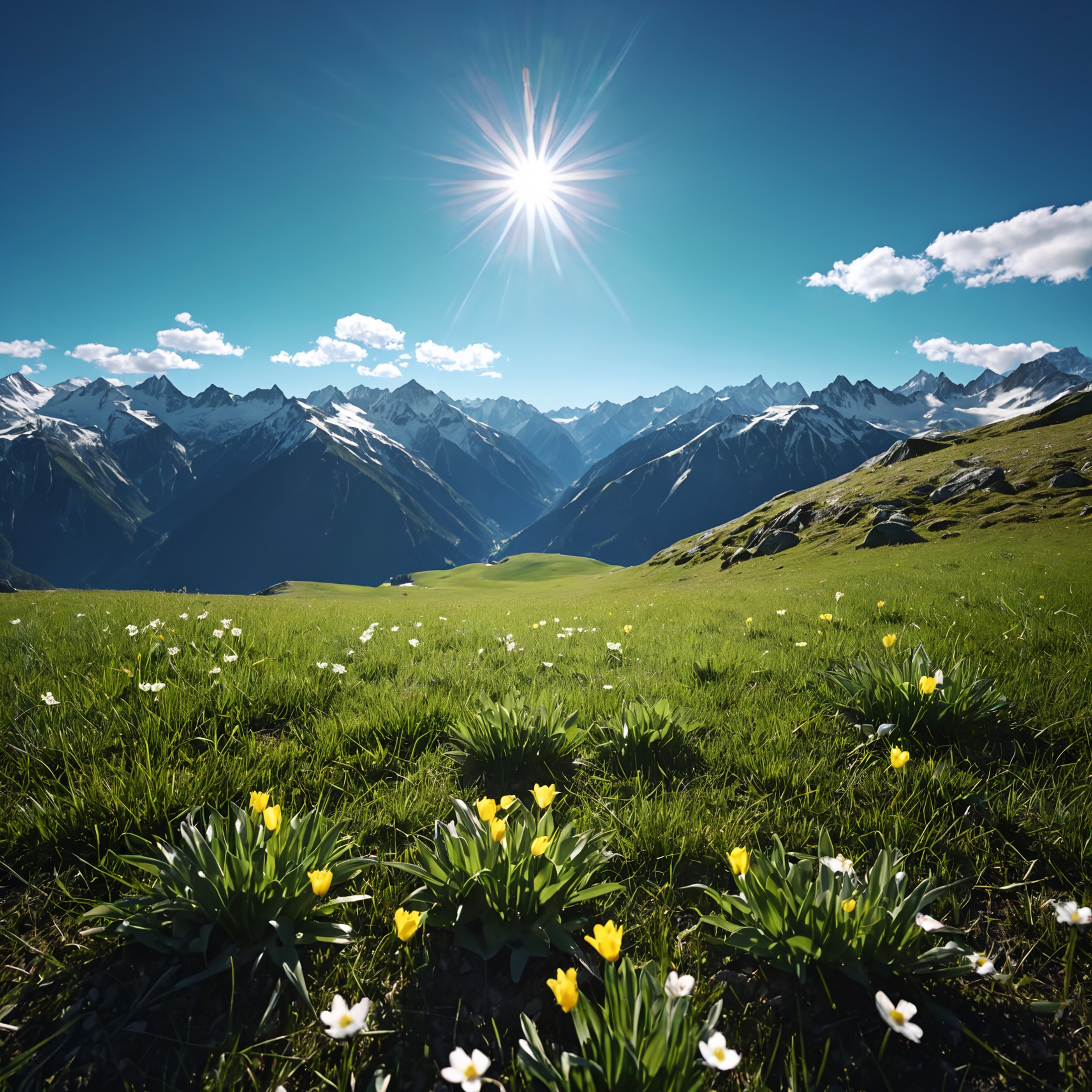 A spring landscape in the Alps, sunshine and blue sky with a few clouds,
(masterpiece:1.2), (best quality:1.2),  best shad...