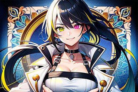 focus face, solo, 1girl, hair over face, hair covering face, dark blue hair, (heterochromia, left eye yellow, right eye blue:1.25),cute face, smirk, neck, choker, collarbone, cleavage, white collar, coat collar, white coat collar 