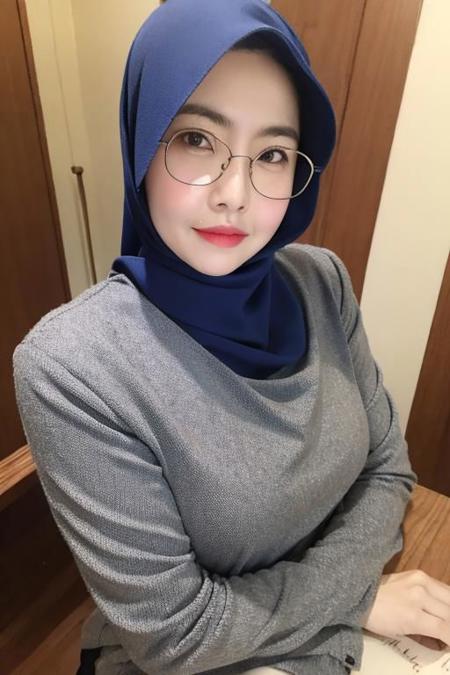 (masterpiece), (high quality, best quality, realistic, expressive eyes), classroom, (upper body), 1girl, mature female, mole under mouth, hijab, dress, glasses