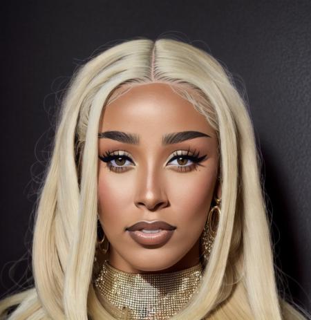 Close up portrait of Doja Cat wearing a stylish bra and baggy pants, (((long, blonde hair))), close-up photo,  ((in black background))  photorealistic, 4k, UHD, f/1.8<lora:Doja Cat:.9>