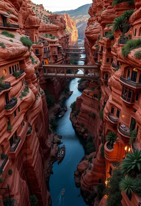 This is a city carved into the walls of a narrow red rock river valley.  The river has many tributaries, and meanders in many directions.  There are railed balconies and windows in the cliffs and several bridges that span the river at different heights.  There are boats and docks in the rivers, roads and doors along the shoreline, and an elevated freeway that runs in and out of various tunnels.  It is evening and lights can be seen in windows, along roads, from cars, and on boats.  There are many desert plants and succulents on every ledge.  The buildings are ornate.  There is foliage everywhere.
