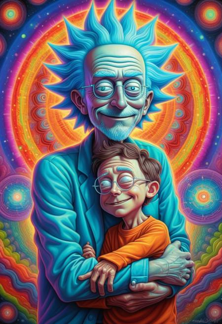 A vividly colored psychedelic inspired portrait of Rick Sanchez lovingly embracing his grandson Morty, in the style of Alex Grey's visionary art.