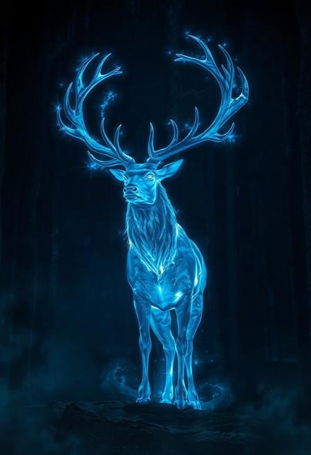 Spectral Stag Spirit of blue cyan light, its glow illuminates the Dark Forest. A deep sense of mystery and magic. Expecto Patronum! Patronus spell! Harry Potter Fanart, poster art, 8k concept art, Artstation, DeviantArt, by Yury Vorobiev, realistic, cinematic.