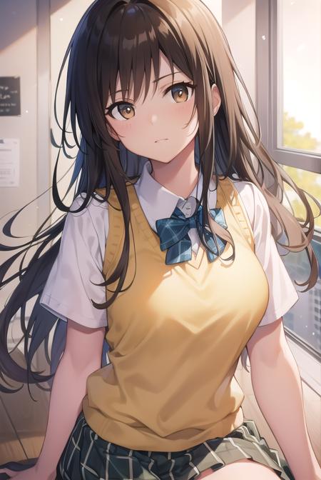 kotegawayui, <lora:yuikotegawatest:1>,
yui kotegawa, black hair, (brown eyes:1.5), long hair,
BREAK green skirt, plaid, plaid skirt, sainan high school uniform, school uniform, skirt, sweater vest, (yellow sweater:1.3), short sleeves,
BREAK looking at viewer,
BREAK indoors, classroom,
BREAK <lora:GoodHands-vanilla:1>, (masterpiece:1.2), best quality, high resolution, unity 8k wallpaper, (illustration:0.8), (beautiful detailed eyes:1.6), extremely detailed face, perfect lighting, extremely detailed CG, (perfect hands, perfect anatomy),