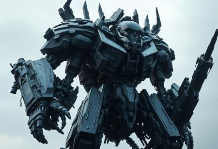 Create a highly detailed and realistic image of a dark grey Decepticon mech, inspired by the art of Eugeen Van Mieghem and Greg Rutkowski, with a focus on intricate greeble details and cinematic lighting. The mech should be 1km tall and posed in a dramatic, epic manner, evoking the style of the 'Master of Puppets' and 'Predator 2'. Incorporate elements of a carneval outfit, but maintain a dark and ominous tone, as if the mech is the 'ultimate gigachad' from the world of 'Overlord'. Ensure the image is rendered in a hyper-realistic 3D style, with a high level of texture detail and adherence to the golden ratio. Output should be a high-quality, 2D image with a cinematic feel.