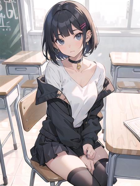 a girl sitting on a desk in a classroom with her legs crossed official art, a manga drawing, academic art,
blunt bangs, black choker, black hair, black jacket, black legwear, black skirt, book, bookshelf, chair, chalkboard, choker, classroom, collarbone, desk, ear piercing, earrings, hair ornament, hairclip, indoors, jacket, jewelry, long sleeves, looking at viewer, off shoulder, on chair, on desk, pen, piercing, pleated skirt, school, school chair, school desk, school uniform, shirt, short hair, sitting, sitting on desk, skirt, solo, thighhighs, white shirt