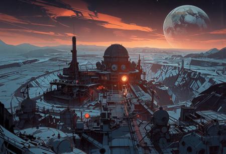 Aerial view from a great height of a massive lunar crater spanning several kilometers. A scientific research station, almost a futuristic city and a mining extraction facility, stands at the heart of this vast lunar basin.
The station’s architecture is sleek and harmonious, composed of glass and steel. A grand building with a colossal astronomical observatory dome towers over numerous other structures, many of which have small domes or cupolas. Multiple platforms host residential and research facilities, with scattered lights, intricate staircases, and antennas spread throughout the area. The crater’s edge is distinctly visible several kilometers away.
In the foreground, additional research domes, pipelines, conduits, and enormous mining machines contribute to the bustling activity across the plain. The sky is intensely illuminated as the sun sets, casting an orange and bluish glow over the frozen city. The air is frigid, with ice crystals drifting in the wind, lifting snow and dust just above the ground. In the vast expanse of space, Earth can be seen setting on the horizon.