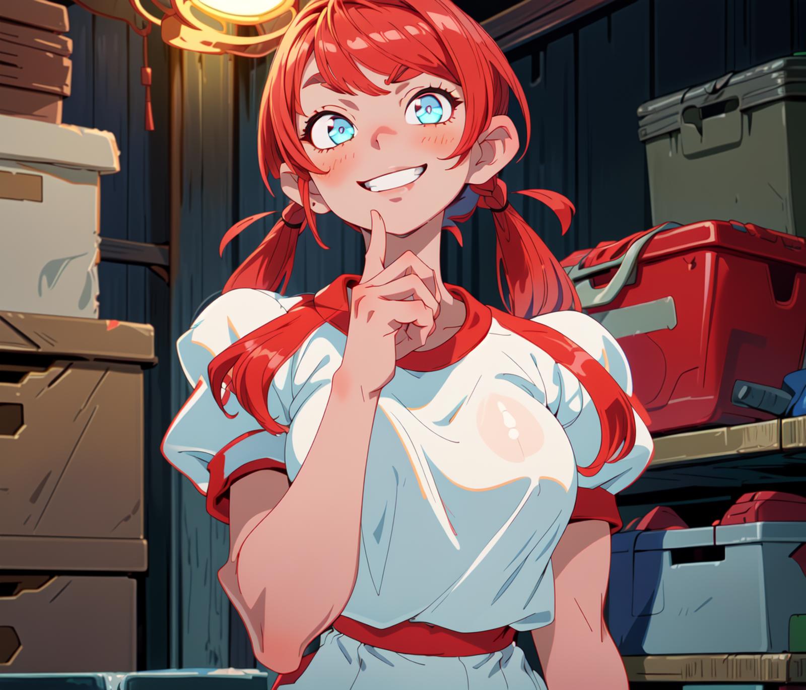 A cute cartoon girl wearing a red bow and a white shirt with a red apron.