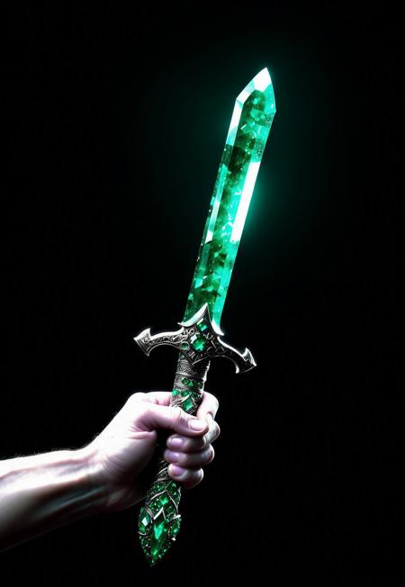 emeraldmorph dagger in a hand, black background, particles, cinematic lighting