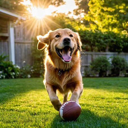 Retriever dog, 
mid-tumble over a well-worn football, 
tongue lolling out in a wide grin, 
evening golden light casting elongated shadows, 
playful scene unfolding in a lush, 
green backyard, 
focus on gleeful expression, 
fur texture detailed, 
dynamic motion blur emphasizing playfulness, 
shallow depth of field with bokeh effect in background, 
sun flare, 
digital painting, 
vibrant color palette, 
high resolution.