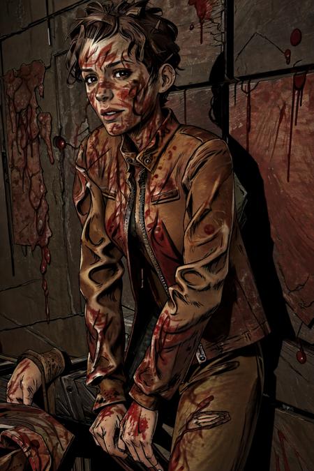 janetwdttg brown hair dirty face short hair blood on face blood on clothes jacket jacket zipped jacket unzipped